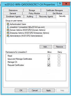 Windows Certificate Authority Properties dialog box open to the Security tab with Issue and Manage Certificates and Request Certificates set to Allow